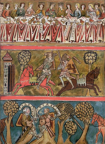 Tre scene da Parsifal di Wolfram von Eschenbach (m. c.1230) facsimile da un manoscritto del XIII secolo da German School