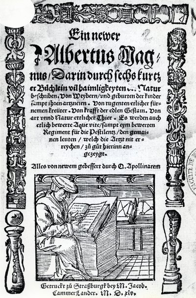 Pagina del titolo per un nuovo Alberto Magno: sei brevi libri che descrivono molti dei segreti della natura, pubblicato nel 1514 (xilografia e tipografia) da German School