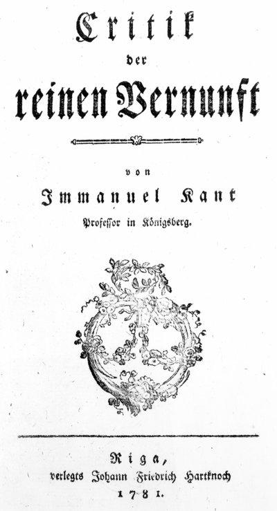 Pagina del titolo di Critique of Pure Reason di Immanuel Kant, pubblicato nel 1781 da German School
