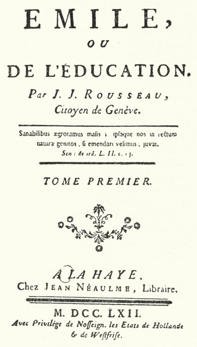 Pagina del titolo della prima edizione di Emile di Jean-Jacques Rousseau, pubblicata nel 1762 (incisione) da German School