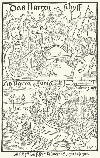 Pagina del titolo della prima edizione della Nave dei Folli di Sebastian Brant, stampata da Johann Bergmann von Olpe a Basilea nel 1491 (incisione) da German School