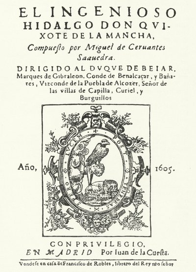 Pagina del titolo della prima edizione del romanzo Don Chisciotte, di Miguel de Cervantes (incisione) da German School