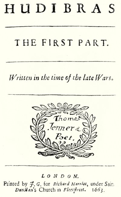 Pagina del titolo del poema satirico Hudibras del poeta inglese Samuel Butler, pubblicato nel 1663 (incisione) da German School