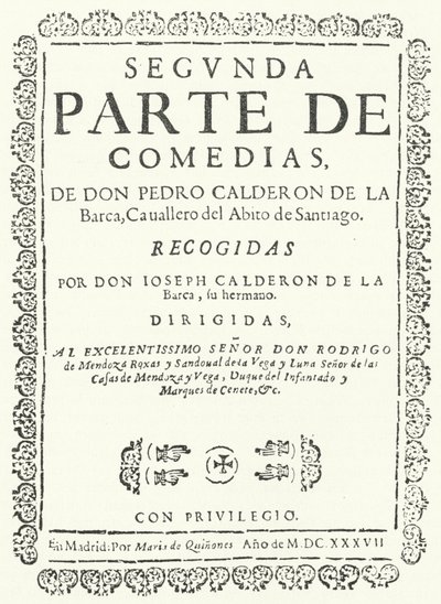 Pagina del titolo del secondo dei quattro volumi delle Comedias di Calderón, pubblicato nel 1637 (incisione) da German School