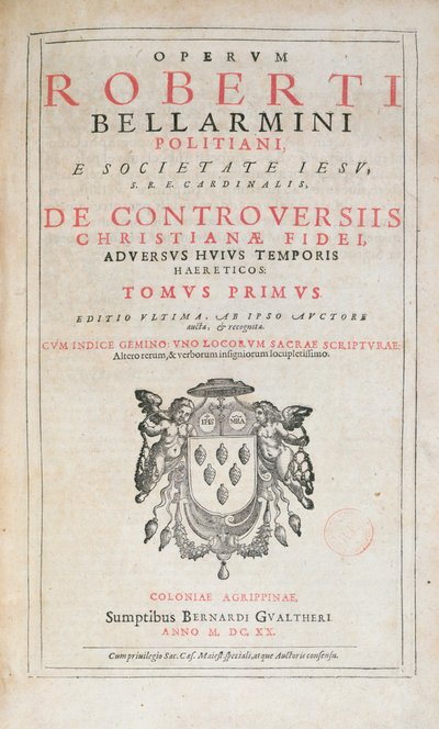 Pagina del titolo di De Controversiis di Robert Bellarmine, edizione pubblicata a Colonia nel 1620 da German School