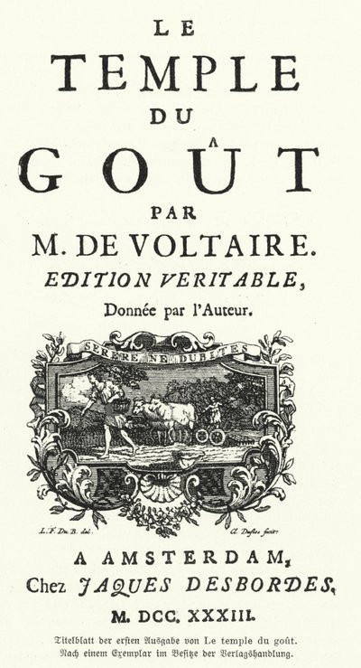 Pagina del titolo della prima edizione di Le Temple du Gout di Voltaire, scrittore e filosofo francese da German School