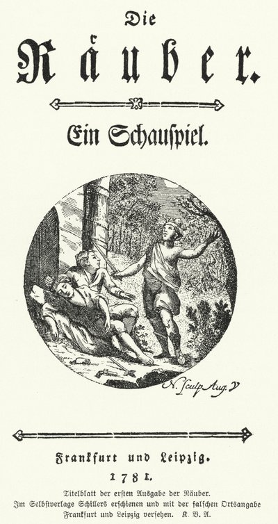 Pagina del titolo della prima edizione del dramma di Friedrich Schiller Die Rauber (I ladri) da German School