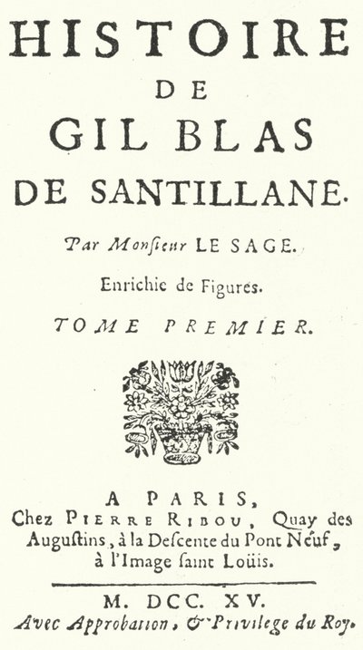 Pagina del titolo della prima edizione di Gil Blas del romanziere e drammaturgo francese Alain-Rene Lesage, pubblicata nel 1715 (incisione) da German School