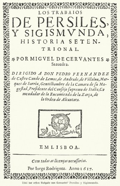 Pagina del titolo della prima edizione di Los trabajos de Persiles y Sigismunda di Miguel de Cervantes da German School