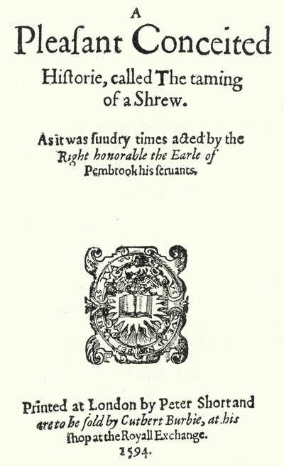 Pagina del titolo della prima edizione della commedia di Shakespeare La bisbetica domata (incisione) da German School