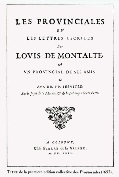 Frontespizio di Les Provinciales di Blaise Pascal (1623-62), Amsterdam, 1657 (inchiostro su carta) da German School