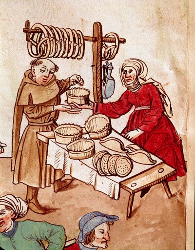 Commercio: un venditore di pane. Miniatura da "Cronache del Concilio di Costanza" di Ulrich Richental (1360-1437) circa 1438 Praga, Biblioteca Nazionale da German School