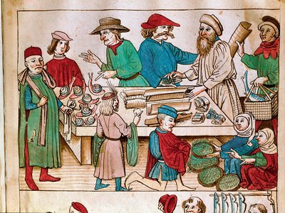 Commercio: scena di camminata. Miniatura da "Cronache del Concilio di Costanza" di Ulrich Richental (1360-1437) circa 1438 Praga, biblioteca nazionale da German School