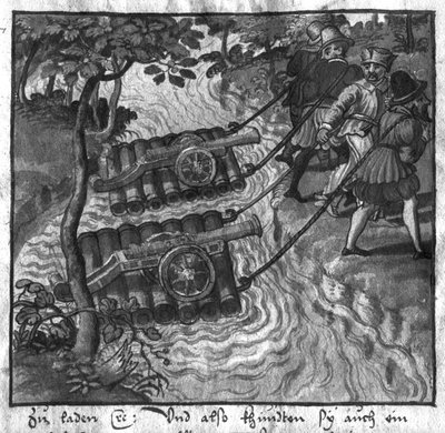 Trasporto di cannoni e artiglieria attraversando il fiume su zattere, illustrazione da L