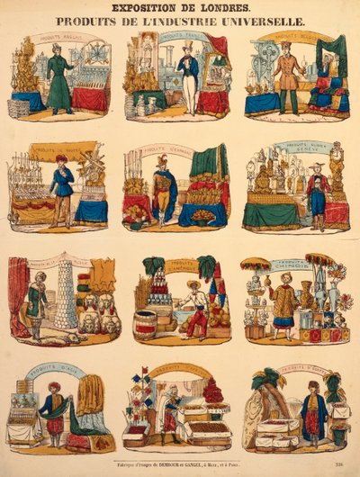 Dodici stand espositivi di varie nazioni alla Grande Esposizione di Londra, 1851 da German School