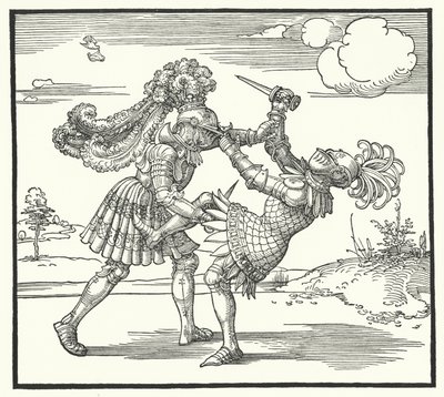 Due cavalieri che combattono a piedi da German School