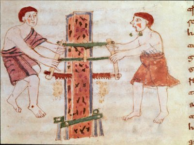Due uomini segano un tronco di marmo (miniatura, IX secolo) da German School