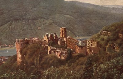 Vista del castello di Heidelberg dal Molkenkur (litografia a colori) da German School