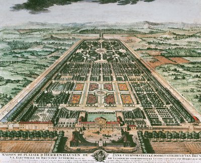 Vista del giardino del Castello di Herrenhausen, circa 1708, stampa a colori, Germania da German School