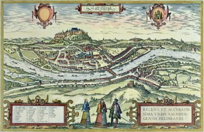 Veduta della città di Salisburgo sulle rive del fiume Salzach con il castello di Honensalzburg sullo sfondo, da 