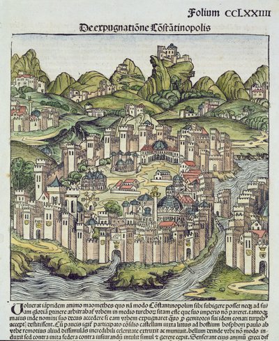 Veduta della città murata di Costantinopoli, dal Cronaca di Norimberga di Hartmann Schedel, 1493 da German School