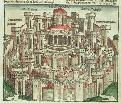 Vista della città murata di Gerusalemme con il Tempio di Salomone e le porte della città, dal Nuremberg Chronicle di Hartmann Schedel, 1493 da German School