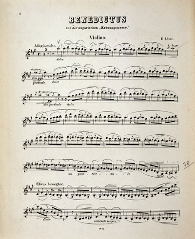 Pagina della partitura per violino dalla Messa di incoronazione ungherese di Franz Liszt da German School