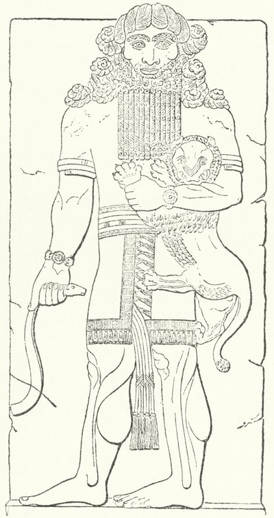 Rilievo murale di Gilgamesh dalle rovine di Dur-Sharrukin, capitale degli Assiri al tempo del re Sargon II (incisione) da German School