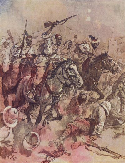 Guerrieri dello sceicco di Senussi che scacciano gli inglesi da Matruh, a est di Sollum, Egitto da German School
