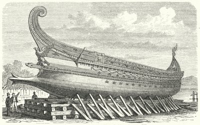 Nave da guerra progettata da Napoleone III di Francia basata su una trireme romana antica (incisione) da German School