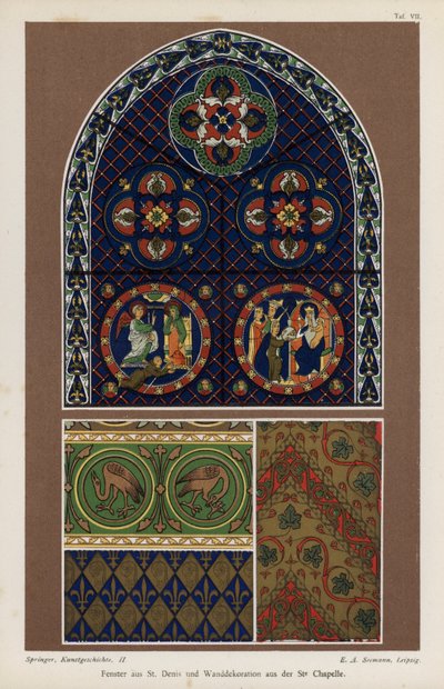 Finestra dalla Basilica di Saint Denis e decorazione murale dalla Sainte-Chapelle, Parigi, Francia da German School