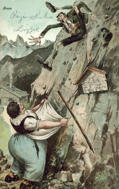 Donna che cattura un uomo che cade dalla montagna (litografia a colori) da German School