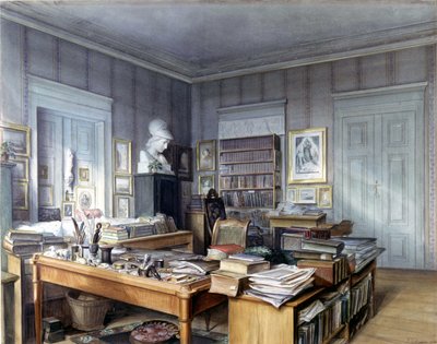 Stanza di lavoro di Wilhelm Grimm (1786 -1859) a Berlino, 7 Linkstrasse. Incisione di Mr. Hoffmann. Nationalmuseum, Norimberga. 1860 da German School