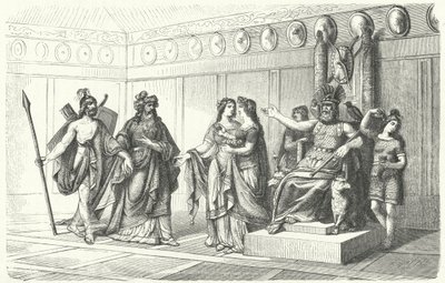 Wotan che riceve i musicisti introdotti da Bragi, il dio della poesia e del canto da German School
