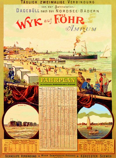Wyk auf Föhr, poster pubblicitario della Wyk Steam Shipping Company, 1897 da German School