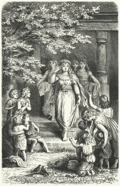 Giovani donne germaniche che indossano corone per celebrare la festa di Eostre (Ostara) da German School