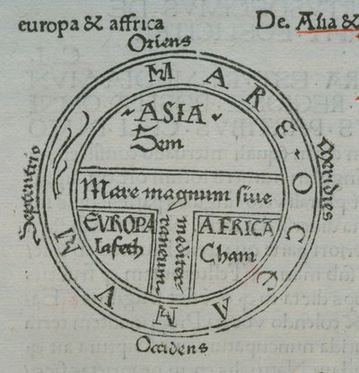 f.177v Mappa T-in-O, con nomi di luoghi in caratteri tipografici, da Isidoro di Siviglia, Liber Etimologiarvm da German School