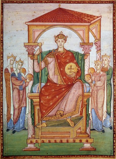 Ottone III (980-1002) imperatore germanico che riceve il tributo delle nazioni. Miniatura dal manoscritto "Evangelario di Ottone III", fine X secolo. Chantilly, Museo Condé da German School