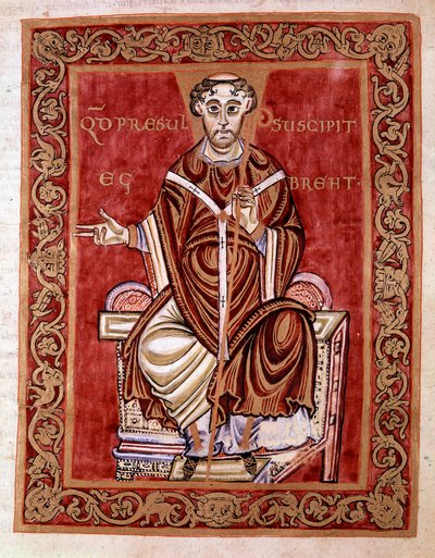 Il vescovo Egberto di Treviri riceve il salterio dalle mani del monaco Rudprecht (non rappresentato qui) - Miniatura del Codex Egberti della scuola di Reichenau, 980 - Cividale del Friuli, museo archeologico o Cattedrale di Cividale da German School