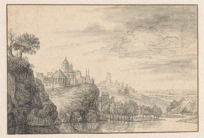 Vista fantastica di una città su una riva alta del fiume da Gerrit Battem