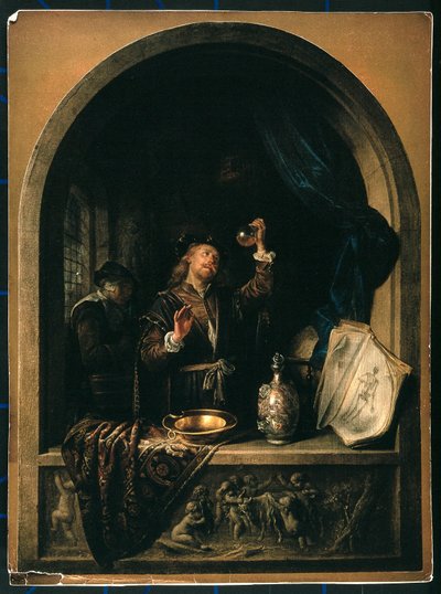 Un medico che esamina un campione di urina di una donna anziana da Gerrit Dou