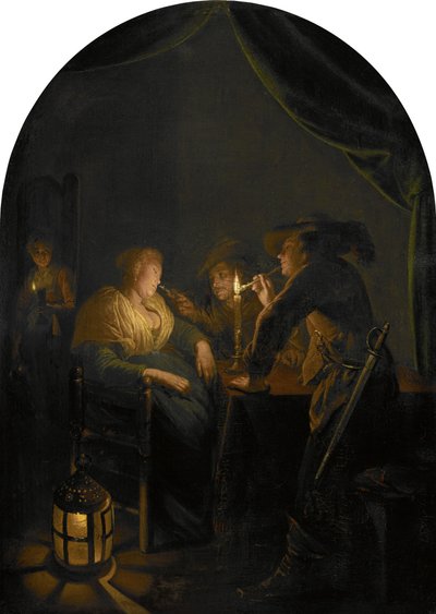 Donna addormentata presa in giro da due soldati da Gerrit Dou