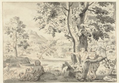 Paesaggio alberato con un pastore, un uomo e una donna da Gerrit Grasdorp (possibly)