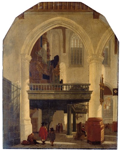 La parte occidentale della Oude Kerk, Delft, dalla navata meridionale a quella settentrionale con la galleria dell