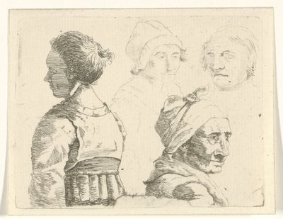 Foglio di studio con un busto di donna e tre teste di donna da Gerrit Lamberts