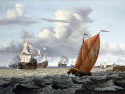 Navigazione al largo di un porto olandese, con la torre di una chiesa e alcuni edifici, probabilmente Enkhuizen (Olanda) sul Zuiderzee (o Zuyderzee o Mare del Sud) e descrizione di una grande varietà di navi: barca da pesca di aringhe e navi della Compagni da Gerrit Pompe