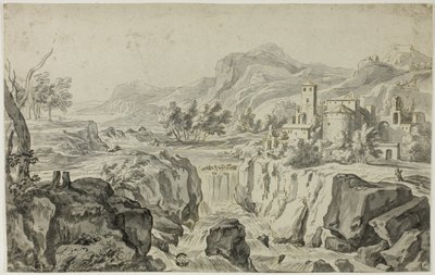 Paesaggio italianeggiante con cascata e edifici da Gerrit Rademaker