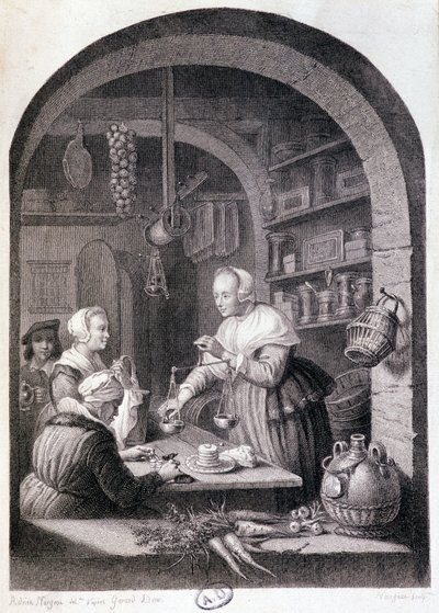 Droghiere del villaggio che pesa con una bilancia. sd. XVIII secolo da Gerrit or Gerard (after) Dou