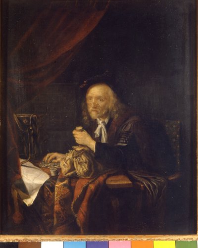 Un uomo diffidente conta i suoi soldi tenendo una borsa in mano. Dipinto di Gerard Dou (o Gerrit Dow) (1613-1675) XVII secolo Milano Museo del Castello da Gerrit Dou