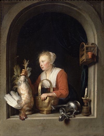La casalinga olandese o La donna che appende un gallo alla finestra, 1650 da Gerrit Dou